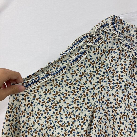 New Max Studio 2X Blue Brown Ditsy Floral Ruffle Cold Shoulder Cottagecore Top - Picture 4 of 10